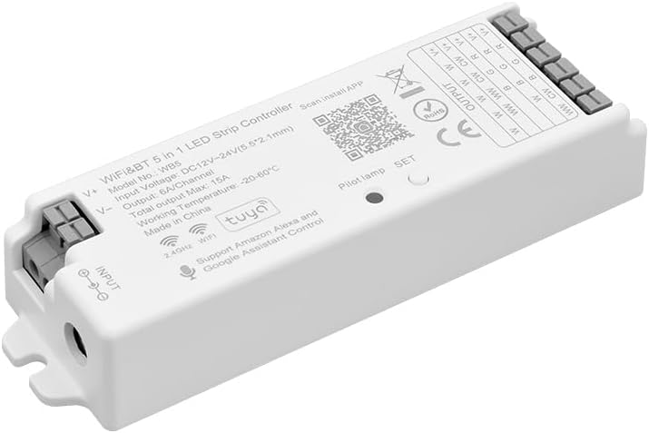 5in1 WB5 2.4GHz WiFi PWM LED Controller Compatible with Alexa Google Home Smart Life Tuya APP for Dimming CCT RGB RGBW RGBCCT LED Strip Light Controller Works with WR01RF WR02RF, DC12V-24V