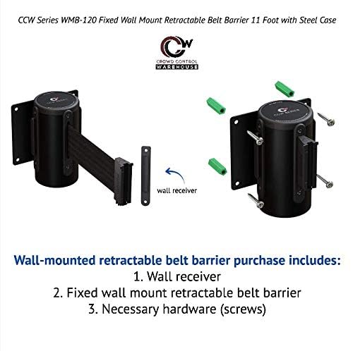 Crowd Control Warehouse - CCW Series WMB-120 Fixed Wall Mount Retractable Belt Barrier - 11 Foot, Green Belt with Black Steel Case