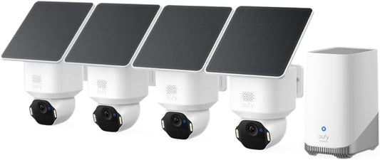 eufy Security SoloCam E42 4-Cam Kit (HomeBase S380), 4K Security Camera Wireless Outdoor, Solar Powered, AI Motion Tracking, Strobe Light, Pan & Tilt, Facial Recognition, Local Storage Up to 16 TB
