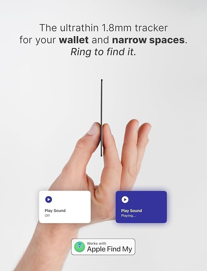 Rhinokey® Wallet Tracker Card (iOS Only) - Slim Rechargeable 1.8mm Thin Tracker, Airtag Wallet IP68 Waterproof, Apple Find My Luggage Tags, Item Finder with Key Chain Hole