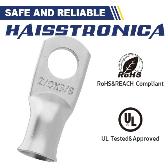haisstronica 10pcs 2/0 AWG - 3/8"(M10) Tinned Copper Battery Lugs, Heavy Duty Wire Lugs with 10pcs 3:1 Adhesive Heat Shrink Tubing, 00 Gauge Wire Lugs, Tinned Copper Battery Cable Ends