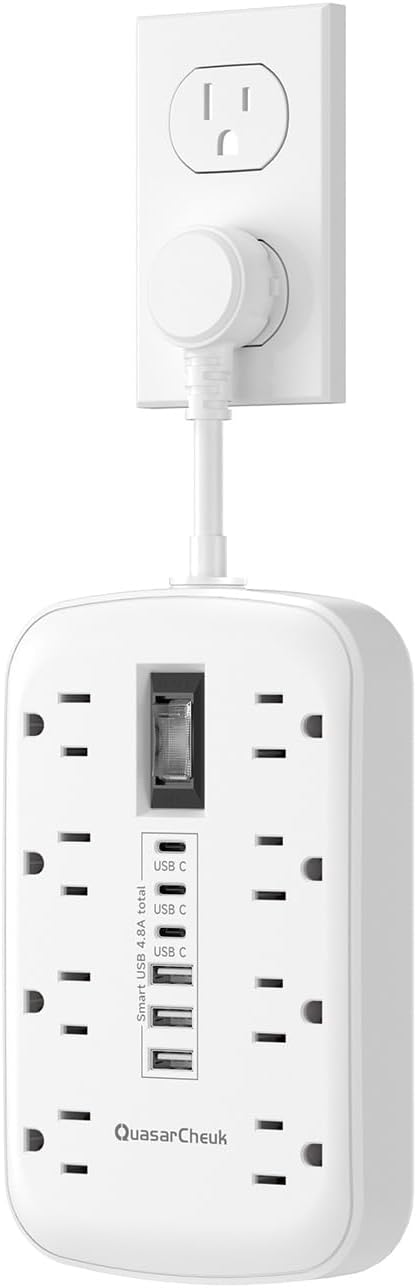 Short Extension Cord 2 inch - Small Power Strip Flat Outlet Extender Surge Protector with 8 AC Outlets 6 USB (5V/4.8A 24W), Mini Extension Cord Flat Wall Plug for Home Office Dorm Kitchen Bathroom