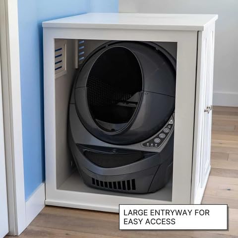 THE REFINED FELINE Refined Self-Cleaning Litter Box Cabinet, Wooden Cat Litter Box Enclosure for Automatic Litter Boxes, White, Farmhouse.