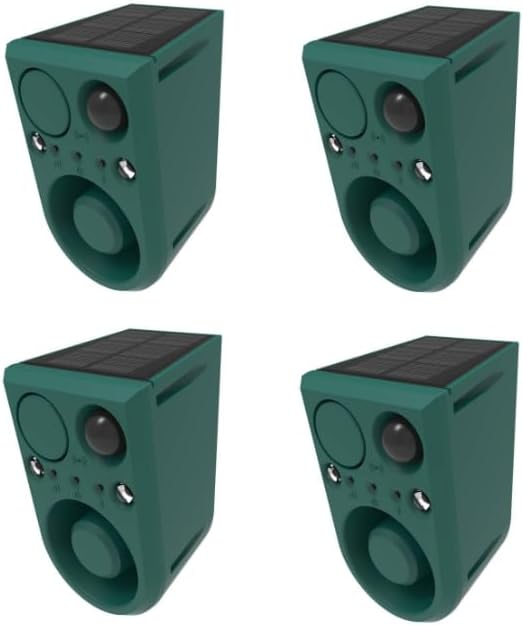ChunHee Solar Outdoor Motion Sensor Alarm with Dog Barking Alarm Sound, Support Recording and Adjustable Volume, 129db Loud Noise Maker 4 Work Modes Strobe Light for Home, Villa, Farm, Barn (4pack)