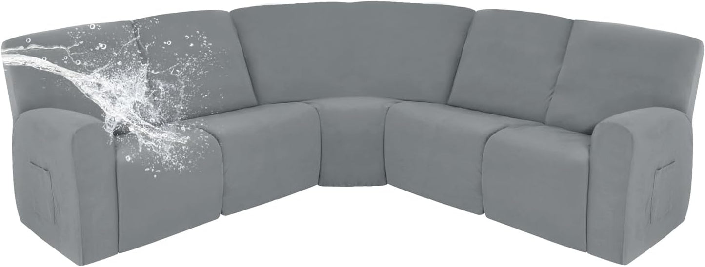 Easy-Going 100% Waterproof Recliner Cover, Stretch Couch Covers for Reclining Couches, Extra Large Sectional Sofa Slipcover, L-Shape Furniture Protector for Kids & Pets, 5 Seater, Light Gray