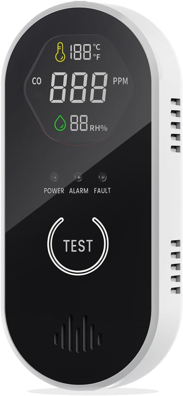 3-in-1 CO Detector with Temp & Humidity, Loud 85dB Alarm, LCD Display, Test Button, Plug-in Design
