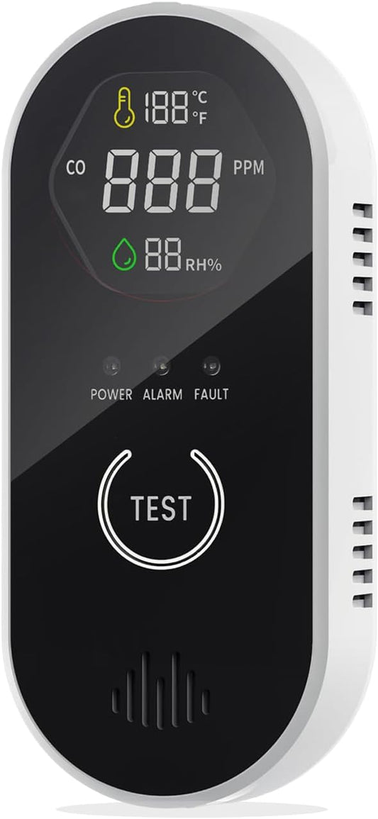 3-in-1 CO Detector with Temp & Humidity, Loud 85dB Alarm, LCD Display, Test Button, Plug-in Design