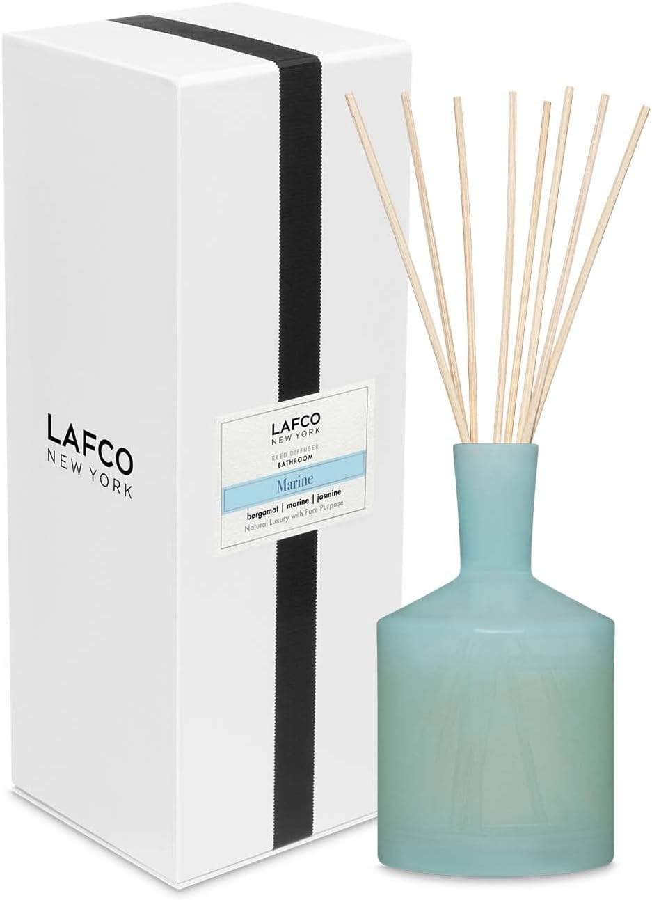 LAFCO New York Classic Reed Diffuser, Marine - 6 oz - Up to 3 Months Fragrance Life - Reusable Glass Vessel - Natural Wood Reeds - Made in The USA