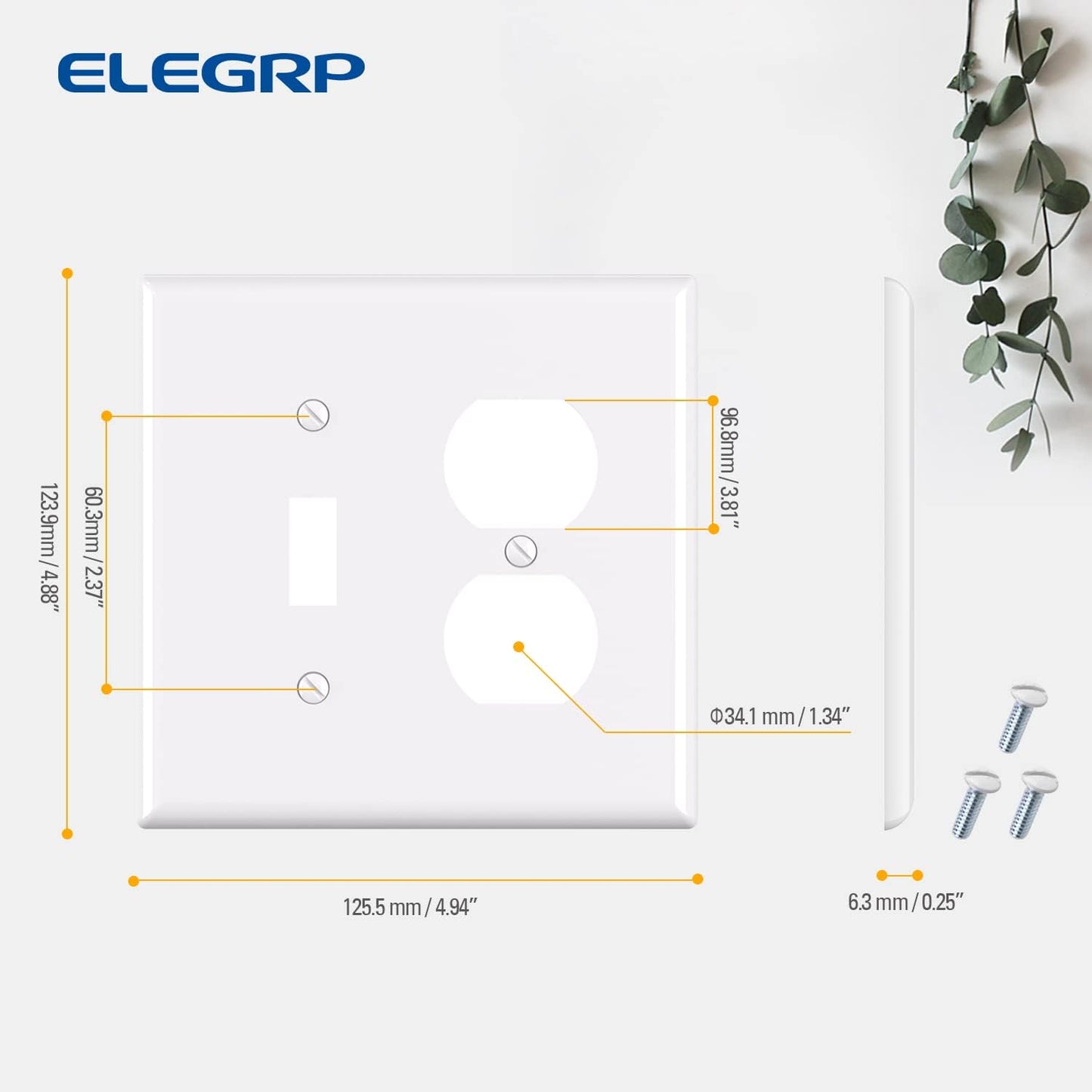Combination Wall Plate ELEGRP 1-Toggle Light Switch 1-Duplex Receptacle Outlet Combination Wall Plate Cover, Mid-Size 4.88" x 4.94" Unbreakable Thermoplastic Faceplate Cover, UL Listed (2 Pack, white)