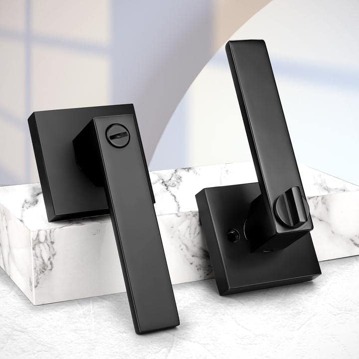 Probrico Interior Black Door Handle, Heavy Duty, Flat Square Privacy Door Handles, Keyless Door Levers Lockset for Bedroom and Bathroom (6 Pack, Modern)