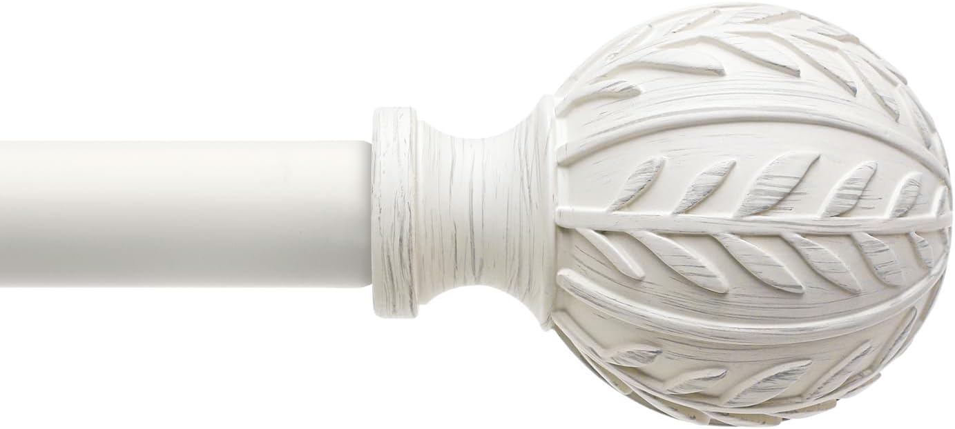 Antique White Curtain Rods for Windows 48 to 84 inch,1" Adjustable Heavy Duty Window Curtain Rod with Leaf Finials,Rustic Decorative Drapery Rods Set,Size:36-88''