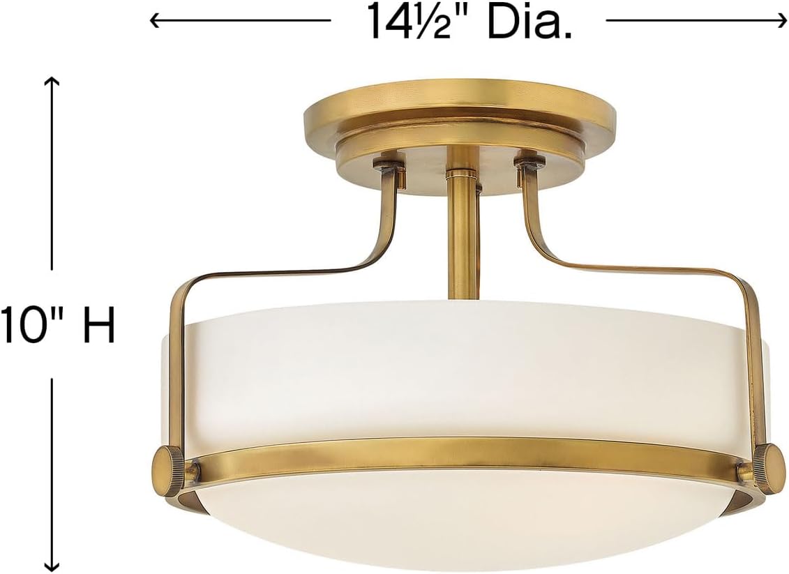 Hinkley Harper 3641HB Medium Semi-Flush Mount Ceiling Light for Kitchen, Bedroom, Bathroom, and Hallway, Sleek, Retro Style Heritage Brass and Etched Opal Glass