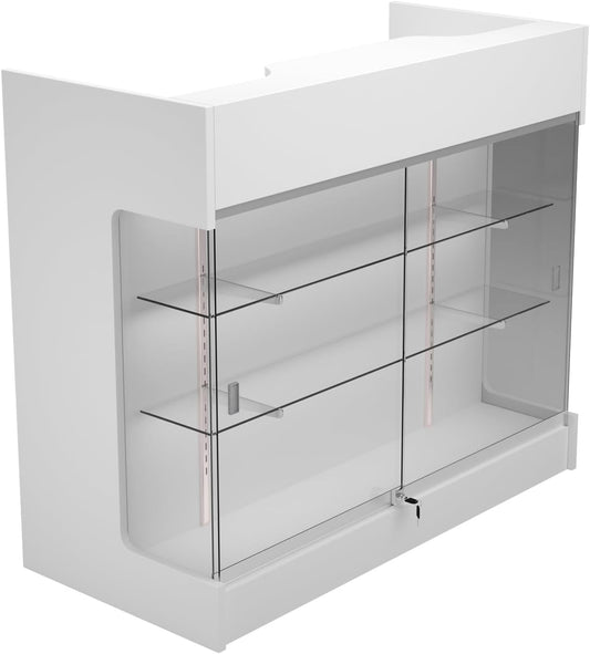 48" W x 22" D x 42" H - Retail Sales Counter with Adjustable Glass Shelves, Tempered Glass，White Laminated Particle Board, Locking Drawers