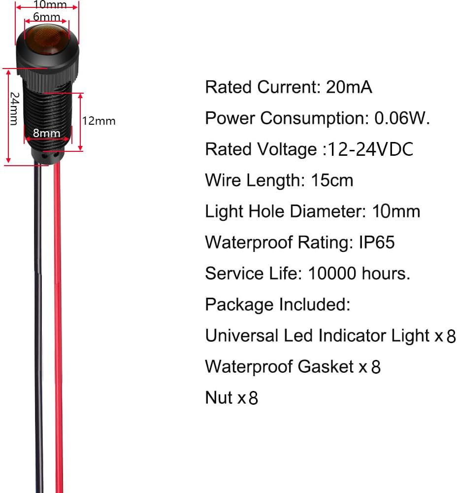 8pcs Red LED Indicator Pilot Light AC/DC 12-24V Mounting Hole Size 8mm(Flame Retardant Plastic Shell)