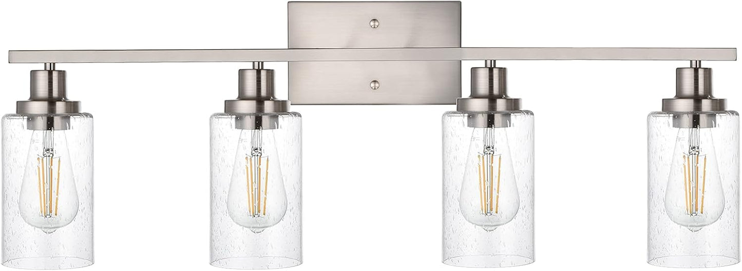 4-Lights Modern Vanity Light Fixtures for Bathroom Over Mirror, Farmhouse 31-Inches Length Seeded Glass Bath Wall Sconce Lighting in Brushed Nickel