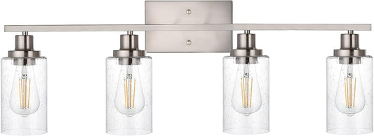 4-Lights Modern Vanity Light Fixtures for Bathroom Over Mirror, Farmhouse 31-Inches Length Seeded Glass Bath Wall Sconce Lighting in Brushed Nickel