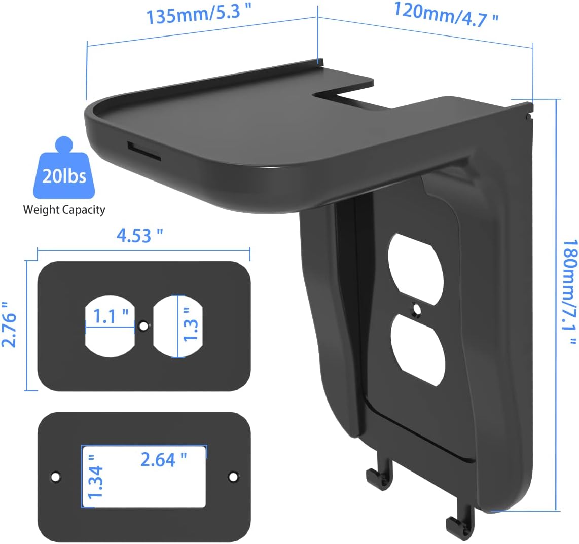 Suptek Wall Outlet Shelf 2 Pack,Home Wall Shelf Organizer for Outlets,Perfect for Bathroom, Kitchen, Bedrooms,Hold Cell Phone,Speaker up to 20lbs,With Cable Management and Detachable Hooks,Black(S3B2)