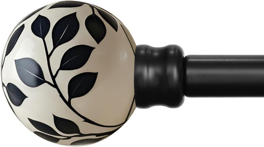 Ceramic Black Curtain Rods for Windows 72 to 144 Inches Adjustable Length Heavy Duty 1" Diameter Window Curtain Rod with Modern Leaf Pattern Decorative Finials for White-themed Bedroom Living Room