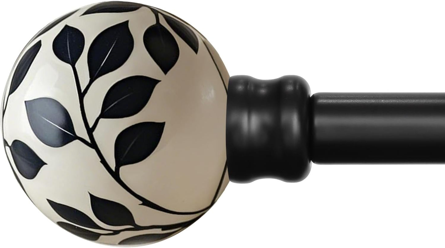 Ceramic Black Curtain Rods for Windows 48 to 84 Inches Adjustable Length Heavy Duty 1" Diameter Window Curtain Rod with Modern Leaf Pattern Decorative Finials for Bedroom Kitchen Living Room