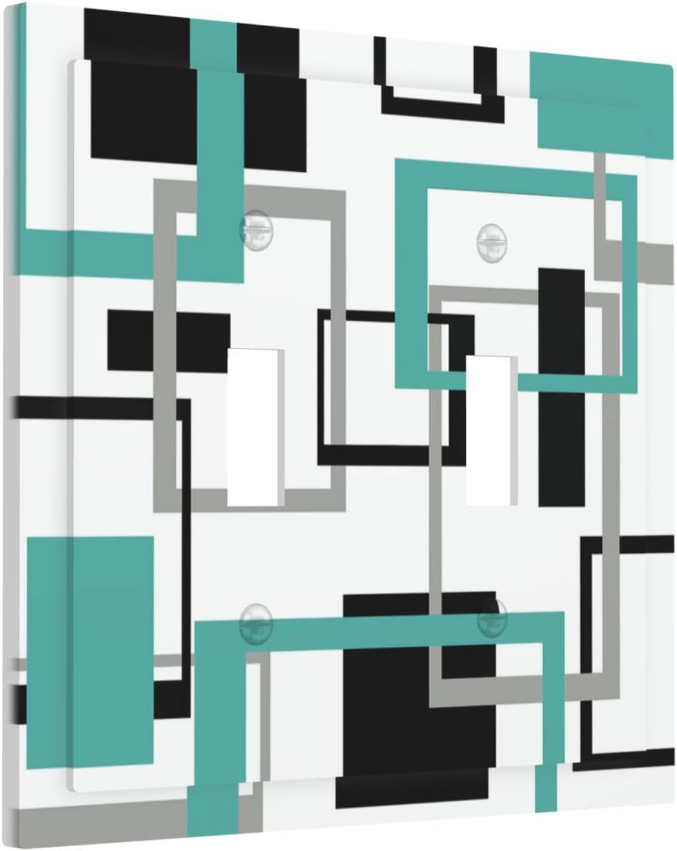 Geometric Turquoise Black Gray Modern Abstract Boho Decorative Switch Plates 2 Gang Double Toggle Outlet Light Switch Cover Wall Plate Electrical Faceplate for Office Nursery Decor