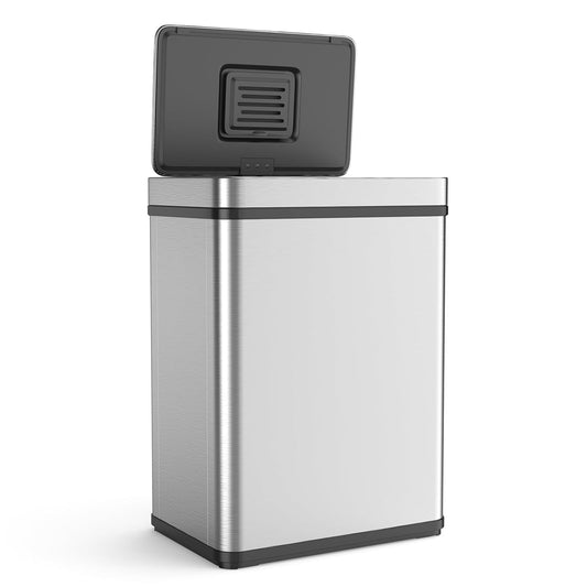 50L / 13 Gallon Smart Automatic Trash Can with Deodorizer Compartment, Stainless Steel Body and Mute Sensor Lid for Kitchen Office Living Room and More, Assemble Large Capacity Garbage Can - Silver