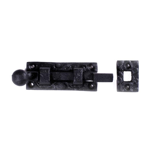 Renovators Supply Manufacturing Door Lock Latch 4 in. Black Wrought Iron Ball Tip Styled Necked Offset Slide Bolt Latch with Mounting Hardware