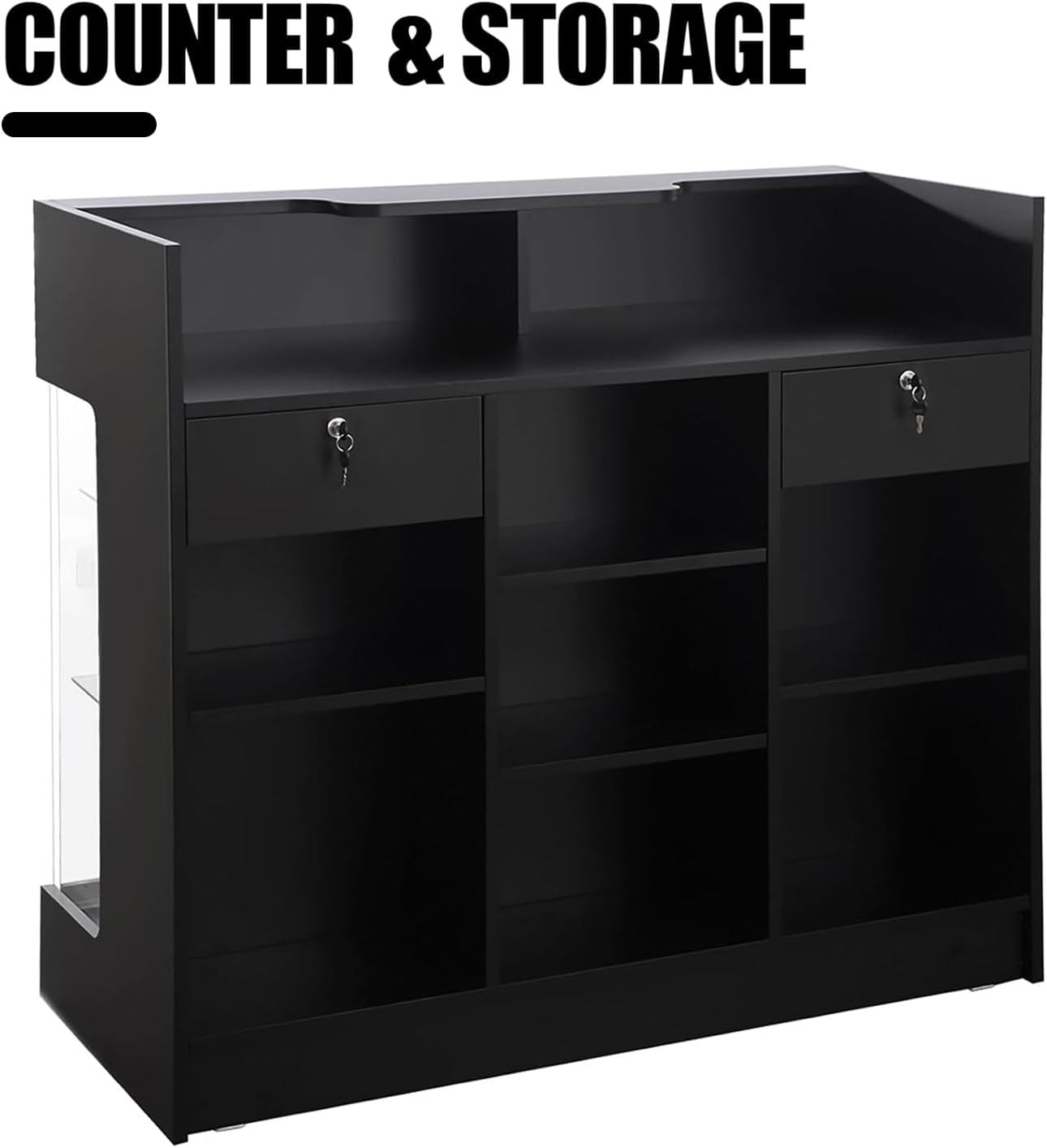 48" W x 22" D x 42" H - Retail Sales Counter with Adjustable Glass Shelves, Tempered Glass, Black Laminated Particle Board, Locking Drawers
