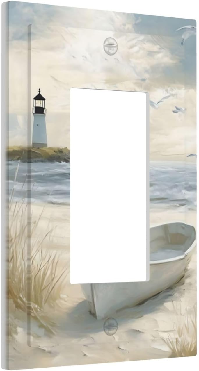 Decorative Outlet Covers Seascape Painting with Lighthouse Boats 1 Gang Rocker Light Switch Covers Single Decora GFCI Device Wall Plate for Bedroom Home Decor （2 Pack）
