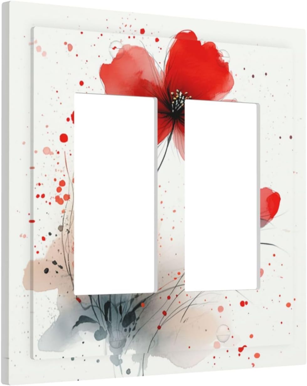 Vintage Watercolor Red Flowers Floral Decorative Outlet Covers 2 Gang Double GFCI Rocker Light Switch Cover Plate Electrical Wall Panels for Bedroom Bathroom Decor