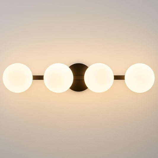 Bathroom Vanity Mirror Light Fixtures: 4 Lights Bath Wall Sconce Lighting - Black Vanity Lights with Milk Glass Shade - Modern Minimalist Makeup Light Fixture above Mirror for Hallway Bedroom E26 Base