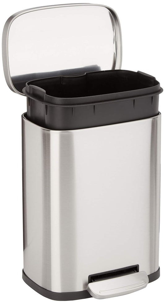 Amazon Basics Smudge Resistant Mini Rectangular Trash Can With Soft-Close Foot Pedal, Brushed Stainless Steel, for Bathroom & small space, 5L/1.32 Gal, 7.3x8.5x11.8 in, Satin Nickel Finish