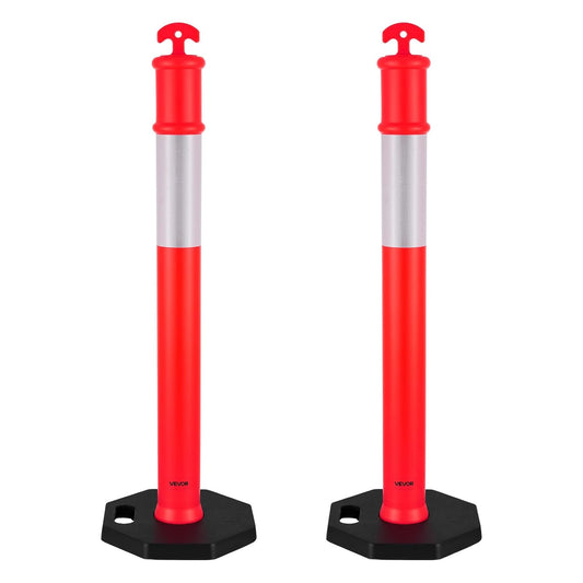 VEVOR 2 Pack Traffic Delineator Posts, 48 inches Traffic Safety Cones with Weighted Base and Reflective Strips, Heavy Duty Delineator Posts for Construction Site, Parking Lot, Crowd Control, Red
