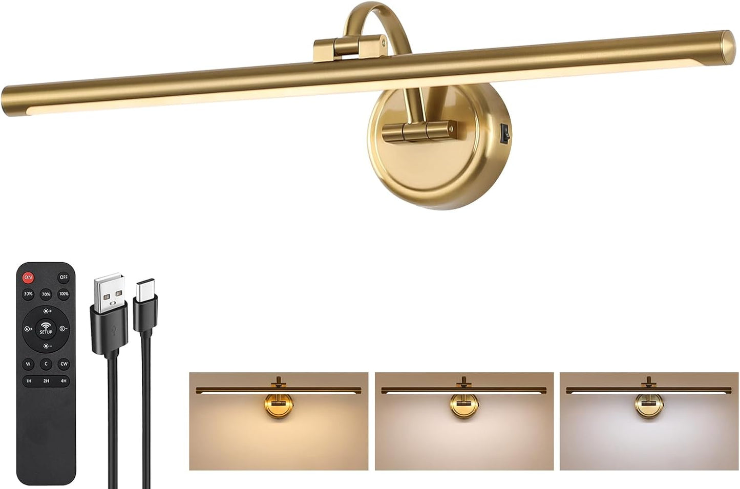Picture Light for Wall, Dimmable Battery Operated Art Light, Picture Frame Light with Remote & Timer, Cordless Wall Sconce with 3 Colors Temperature for Pantings, Photo Gallery(Brass, 23.6inch)