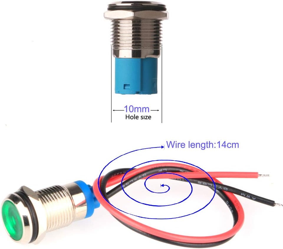 5pcs 10mm AC/DC 12-24V LED Metal Indicator Light Waterproof Signal Lamp Pilot Dash Directional Car Truck Boat with Wire
