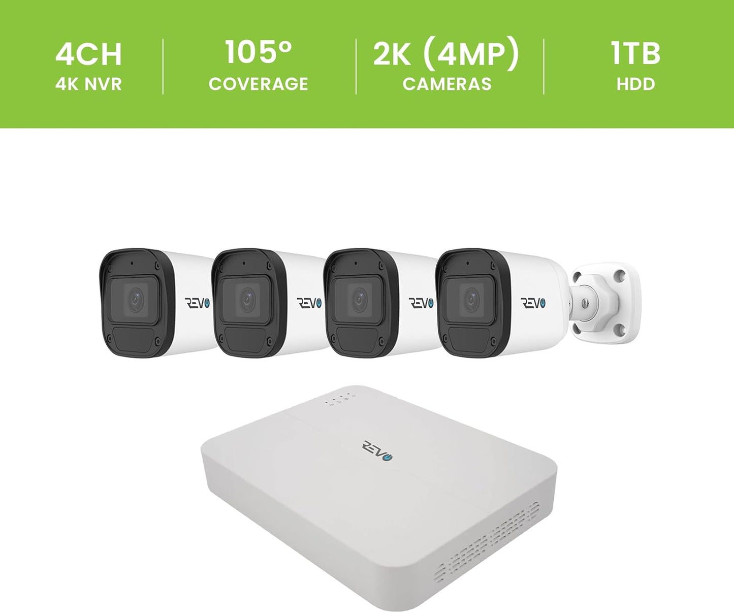 Ultra Blue Series 4CH 4K POE H.265 NVR, 1TB & 4X 2K (4MP) Indoor/Outdoor IR Cameras with Built-in Mic – Remote Access Via Pc, Mac & Phone (No Monthly Fee)