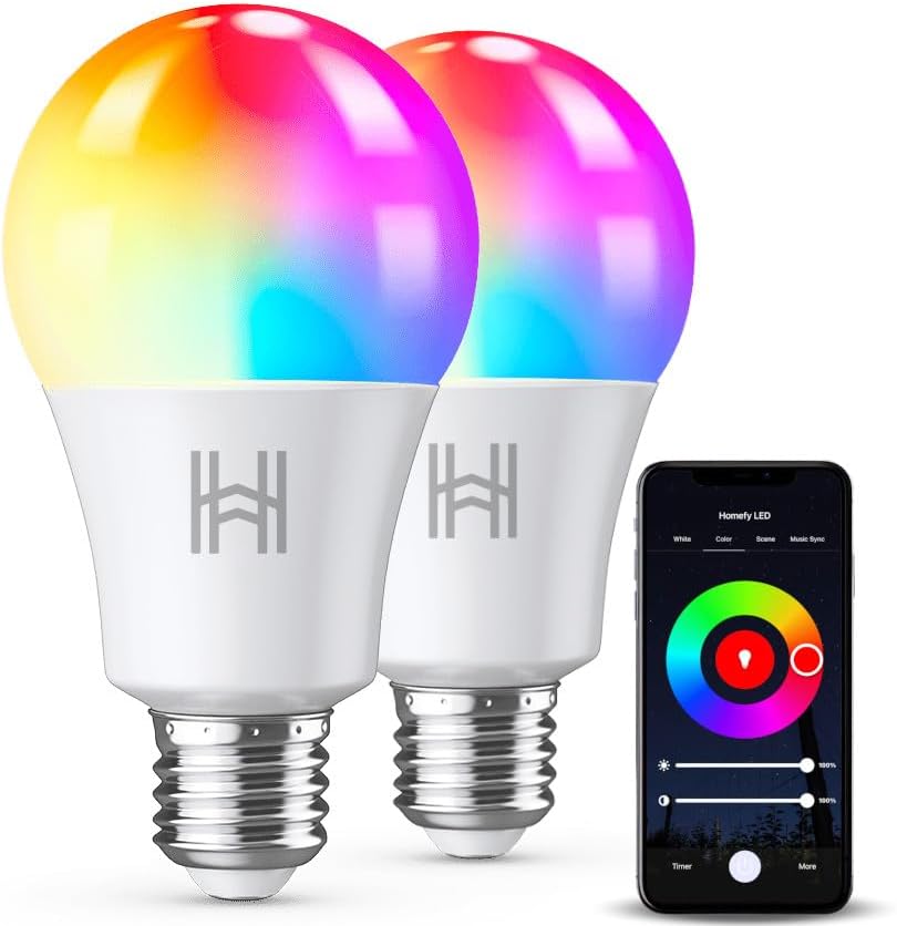 Smart Light Bulbs 2 Pack, A19 Color Changing LED (800 Lumens), WiFi & Bluetooth, Music Sync, Compatible with Alexa & Google Assistant, No Hub Needed, 16 Million Colors
