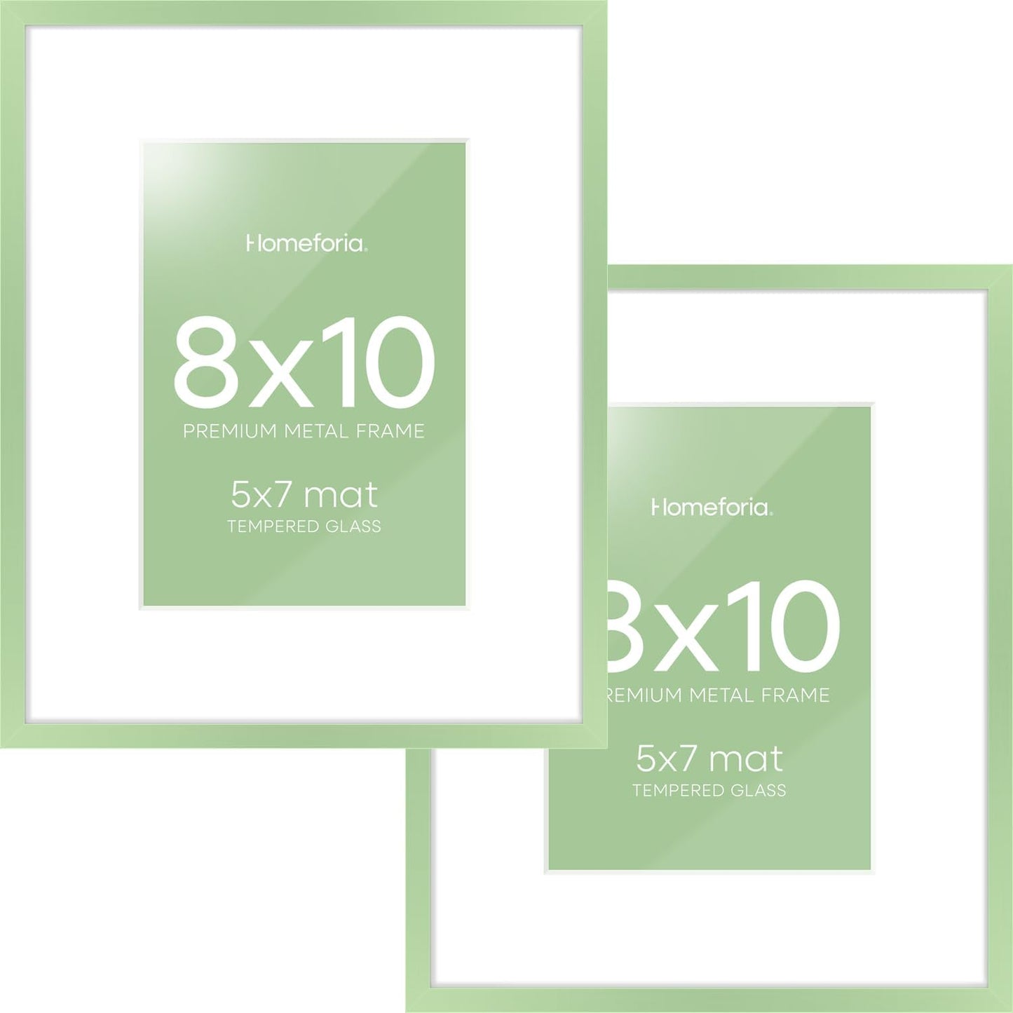 Homeforia 8x10 Picture Frame Sage Green, High End Metal 8 x 10 Poster Frames with Mat 5 by 7 Art, 10x8 Thin Frame Matted to 7x5 Photo, 8by10 Wall or Tabletop Frames, Tempered Glass, Wall Kit, Set of 2