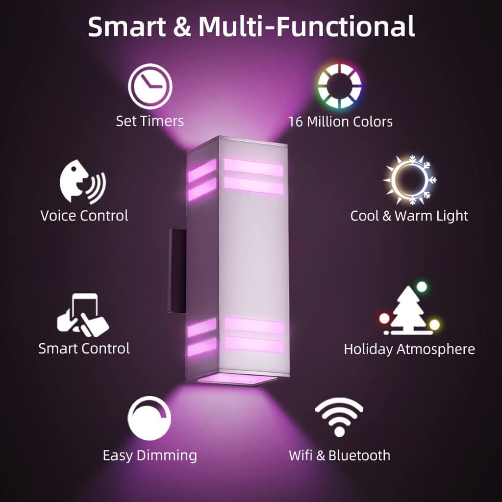SHIMR Smart Outdoor Wall Lights 2 Pack, RGB Color Changing WiFi & Bluetooth Sconce, Stainless Steel, Dusk to Dawn Sensor, Waterproof Exterior Lighting Fixture with E26 Base, Work with Alexa & Google