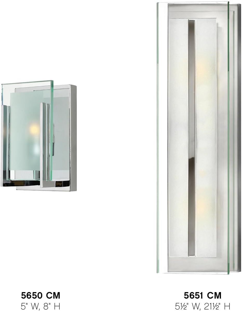 Hinkley Latitude Small Single Light Bath Vanity Sconce - Modern, Inside Etched Clear Glass Panel, Bulb Included - Chrome Finish