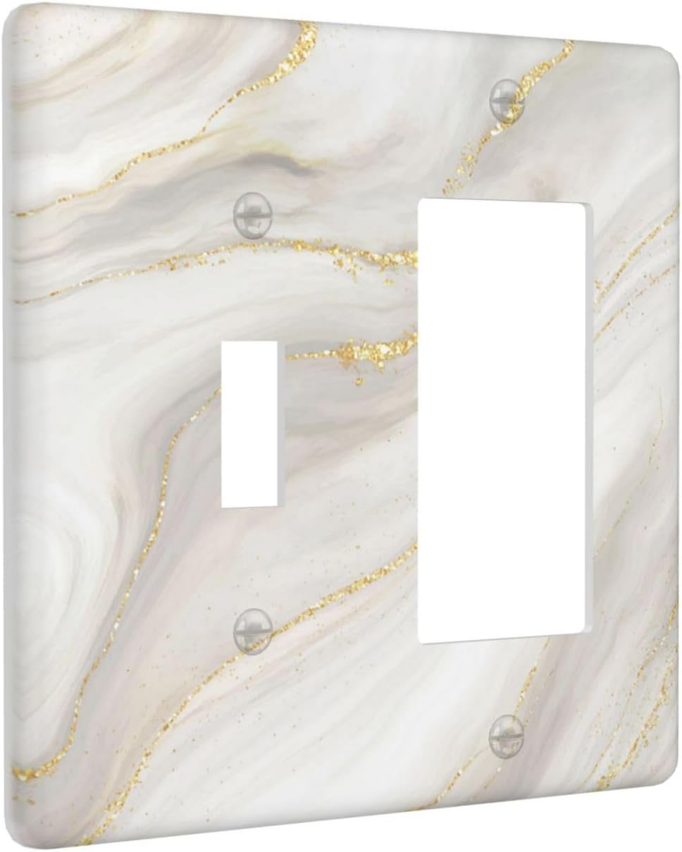White Grey Gold Marble Simple Tiles Outlet Covers 1 Toggle 1 Rocker Combination Decorative Wall Plate Electrical Switch Plates Light Switch Cover Plate for Bathroom Kitchen Decor
