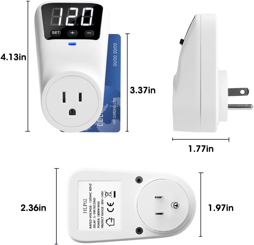 Surge Protector Voltage Stabilizers - Fireproof UL94V-1 Wall Mount Surge Protector Outlets for Refrigerator TV Appliances Real-Time Monitoring & Custom Voltage 80V-140V, 15A, 120V, 1800J,2 Pack