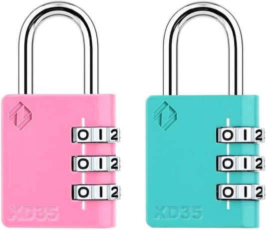 XD35 Combination Lock, 3-Digit Padlock for School Gym Sports LockerLock, Fence, Toolbox, Case, Hasp Storage (2-Pack, Pink, Emerald)