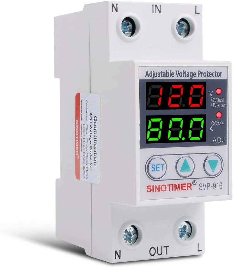 SVP916 SINOTIMER Dual LED Display 120VAC 80A Adjustable Voltage Surge Protector Relay with Limit Current Protection, Din Rail Installation in DB Home Usage (Green Display)