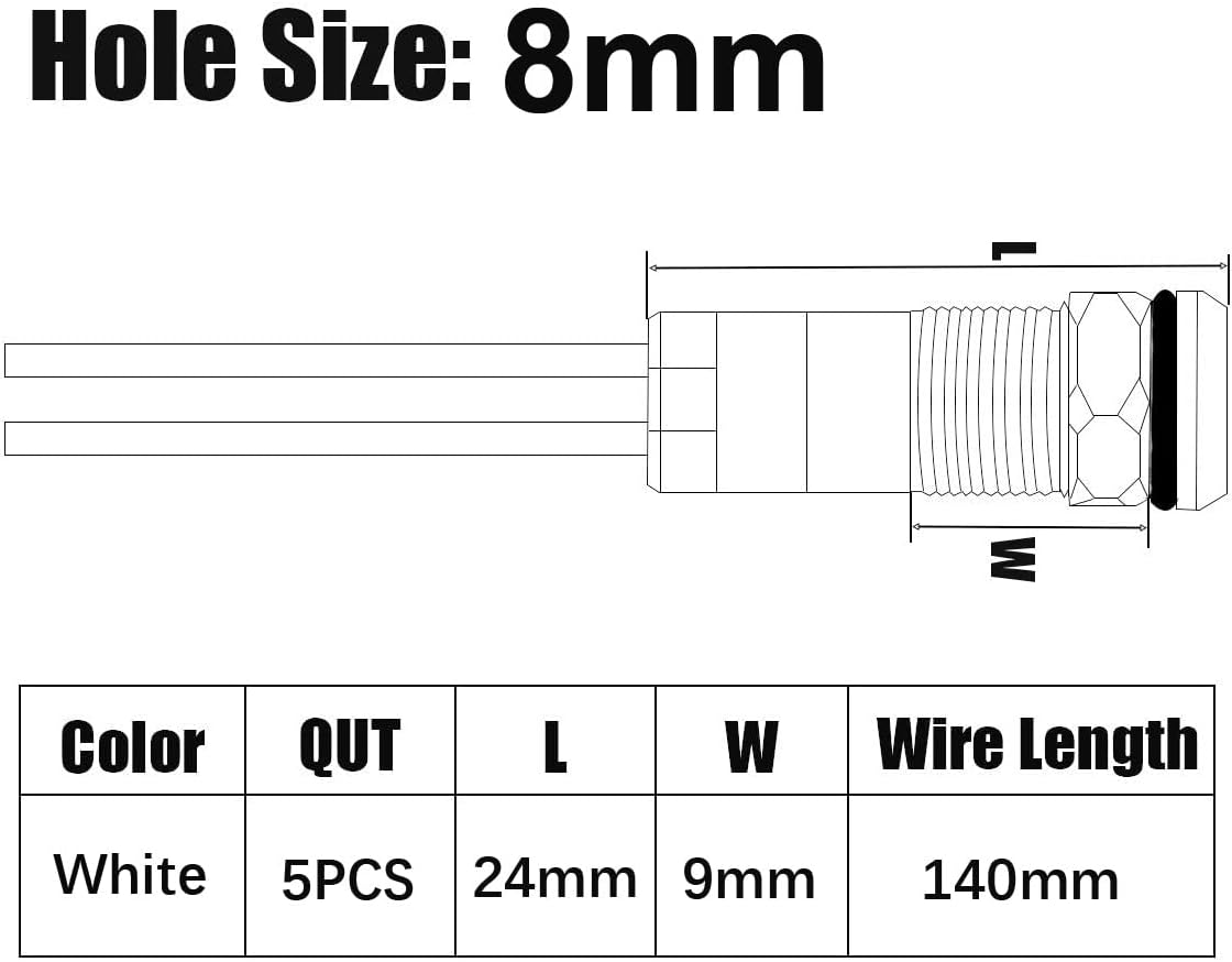 5pcs 8mm LED Metal Indicator Light AC/DC 12-24V Waterproof Signal Lamp Pilot Dash Directional with Wire(White)
