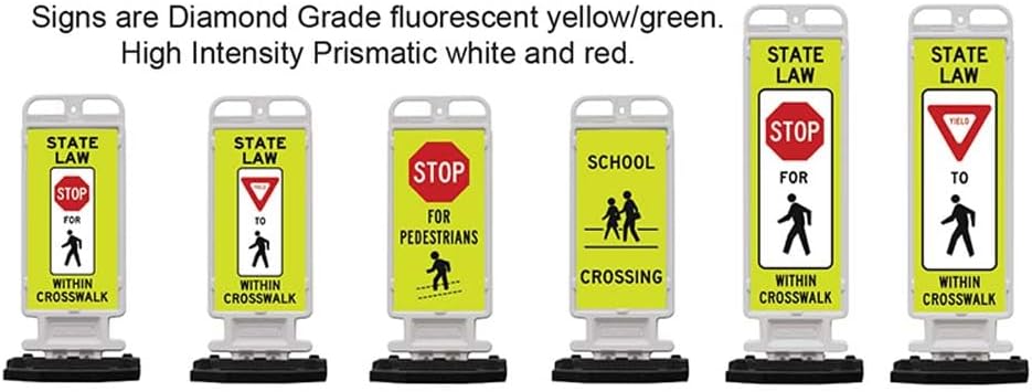 Plasticade Crosscade Crosswalk Sign, 24" Vertical Panel with 12x24 Stop For Pedestrians Sign, Impact-Resistant Rubber Base, Diamond Grade Reflective Background and HIP Sheeting