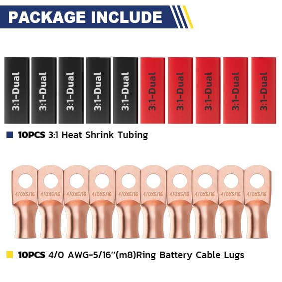 haisstronica 10pcs 4/0 AWG - 5/16"(M8) Battery Cable Lugs, Heavy Duty Wire Lugs with 10pcs 3:1 Adhesive Heat Shrink Tubing, 0000 Gauge Wire Lugs, Battery Terminal Connector, Battery Cable Ends