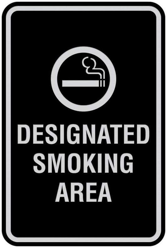 Signs ByLITA Portrait Round Designated Smoking Area Sign with Adhesive Tape, Mounts On Any Surface, Weather Resistant, Indoor/Outdoor Use (Black/Silver) - Large 2 Pack
