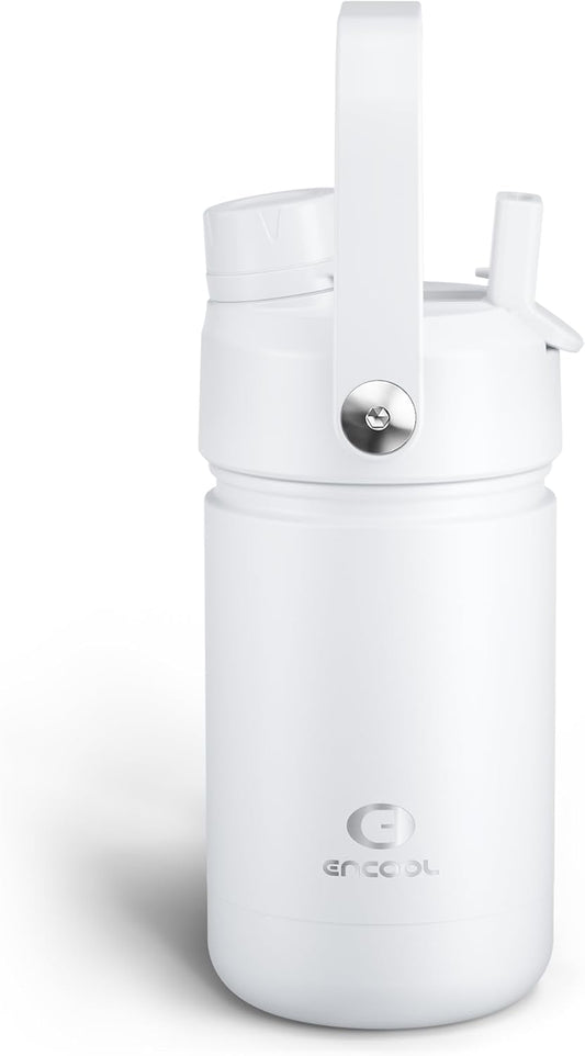 Kids Insualated Water Bottle with Straw - 12oz Stainless Steel Water Bottle with Dual Spouts, Leak-Proof, BPA-Free, Double Wall Vacuum Keeps Cold for 24 Hours for Sports, Travel, School (Polar White)