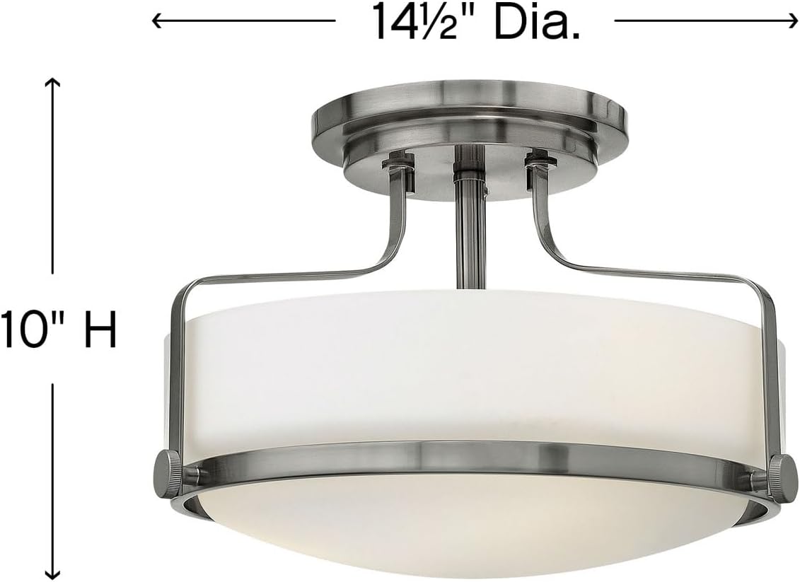 Hinkley Harper 3641BN Medium Semi-Flush Mount Ceiling Light - Sleek, Retro Style - Brushed Nickel + Etched Opal Glass