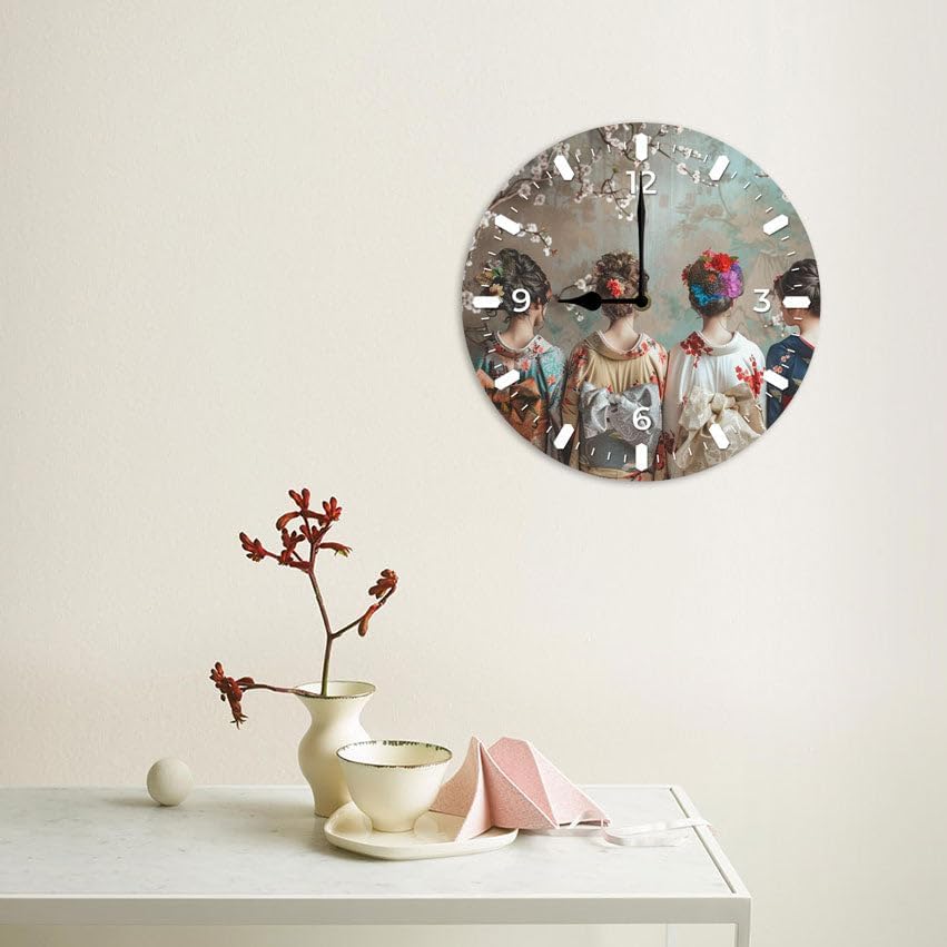 10 in Elegant Kimono Beauties -6 Wood Wall Clock – Digital Time Display, Smart Home Compatible for Bedside or Workspace